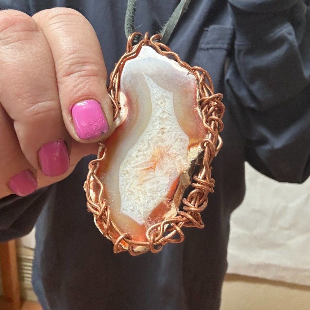 Big Pendant Agate Sardonyx Druzy Copper Genuine Leather Carnelian Unisex Boho